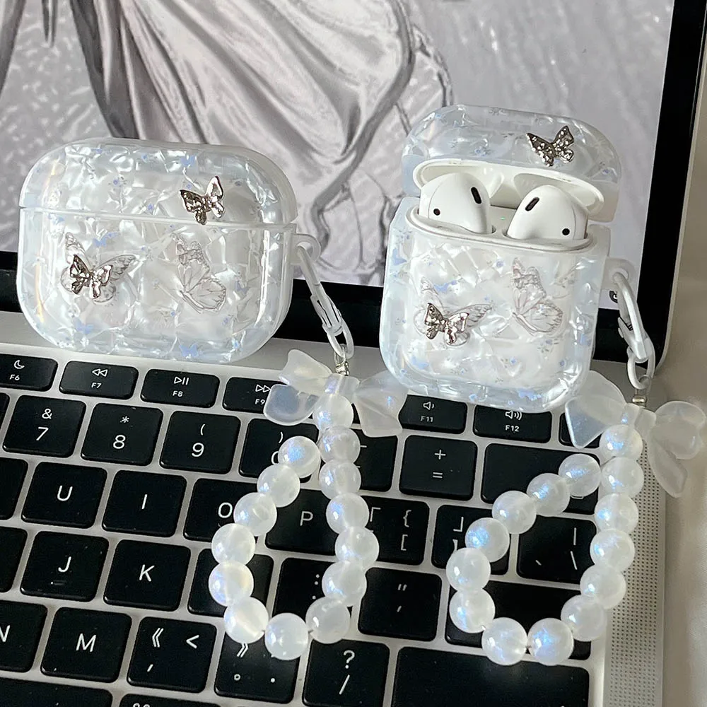 Luxe Shell Textuur Metalen Vlinder Meisjes Koffer Voor Airpods 4 Pro 2 e 1 2 Oortelefoon Doos Hoes Voor Apple Airpod 3 Tas Met Hanger