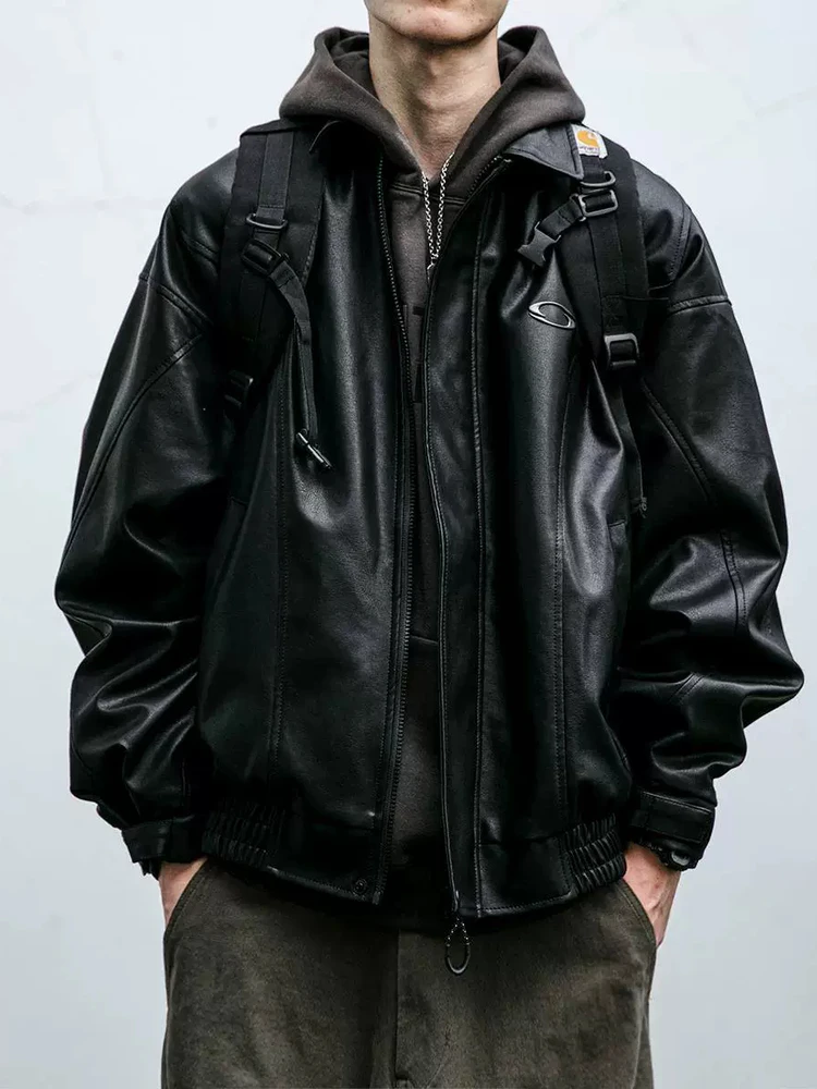 

Retro American Streetwear Bla Biker Leather Jaet Men's Spring Autumn Windproof ort ape Outerwear Trendy PU Leather