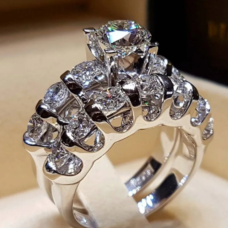 2pcs/set Women's Luxury Copper Stackable Ring Set Inlay Cubic Zircon Wedding Banquet Party Ring Temperament Jewelry Accessory