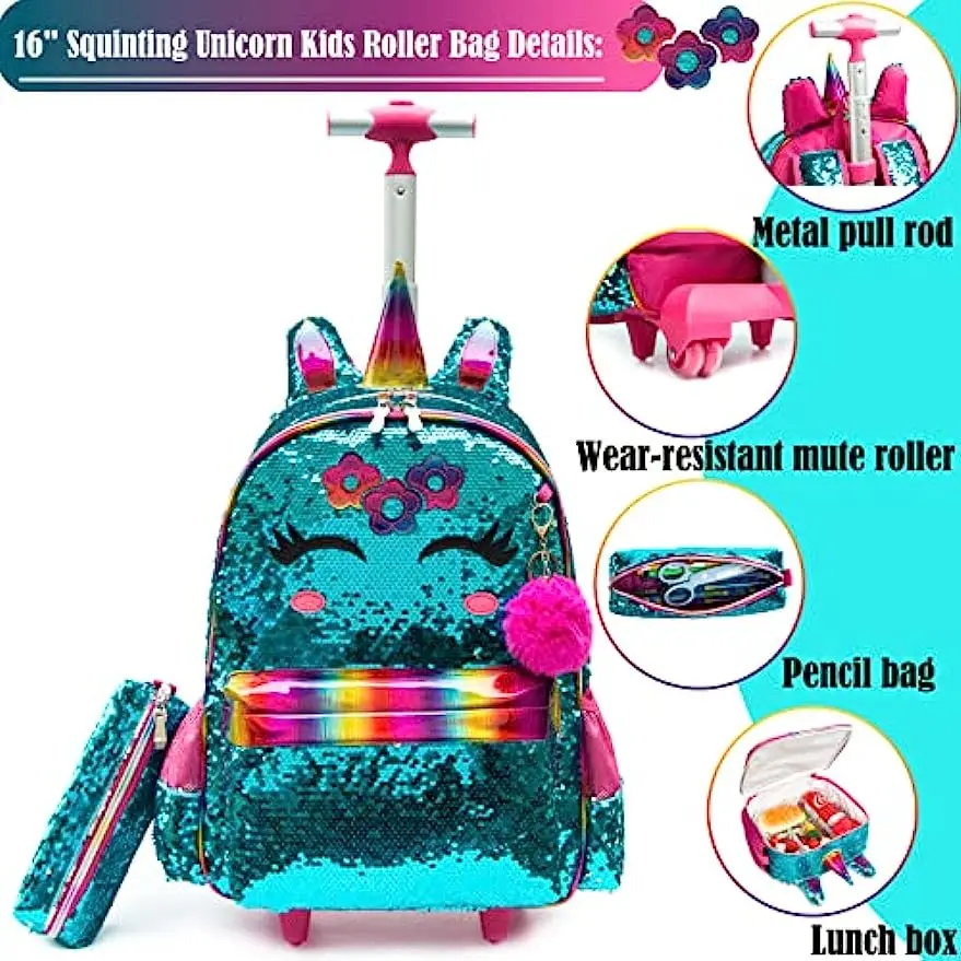 Schult aschen Kinder rollen Einhorn Rucksack für Mädchen Gepäck Koffer mit Rädern Trolley Roll rucksäcke für Mädchen Reisetaschen