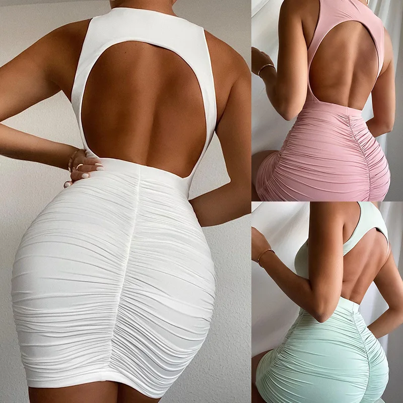 SKMY Women Clothes 2024 Summer And Autumn New Fashion Sleeveless Hollow Out Backless Pleated Dress Solid Color Sexy Club Outfits