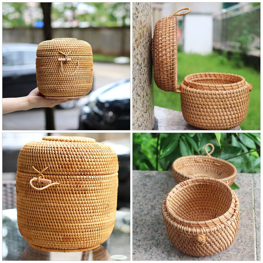 

Woven Rattan Tea Container Storage Basket Round Design for Fruits Vegetables Cookies Bread Egg Sundries Household Kitchen
