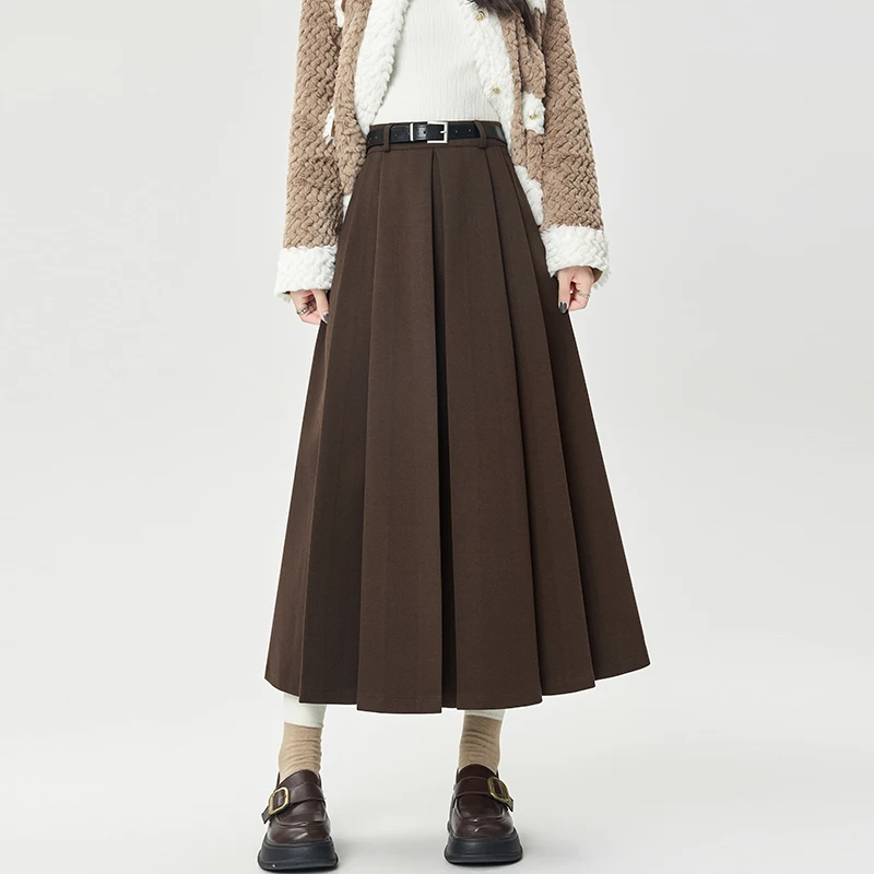 

Seoulish Autumn Winter Woolen Vintage Women's Umbrella Long Skirts High Waist Casual Loose Pleated A-line Skirts Female 2025 New