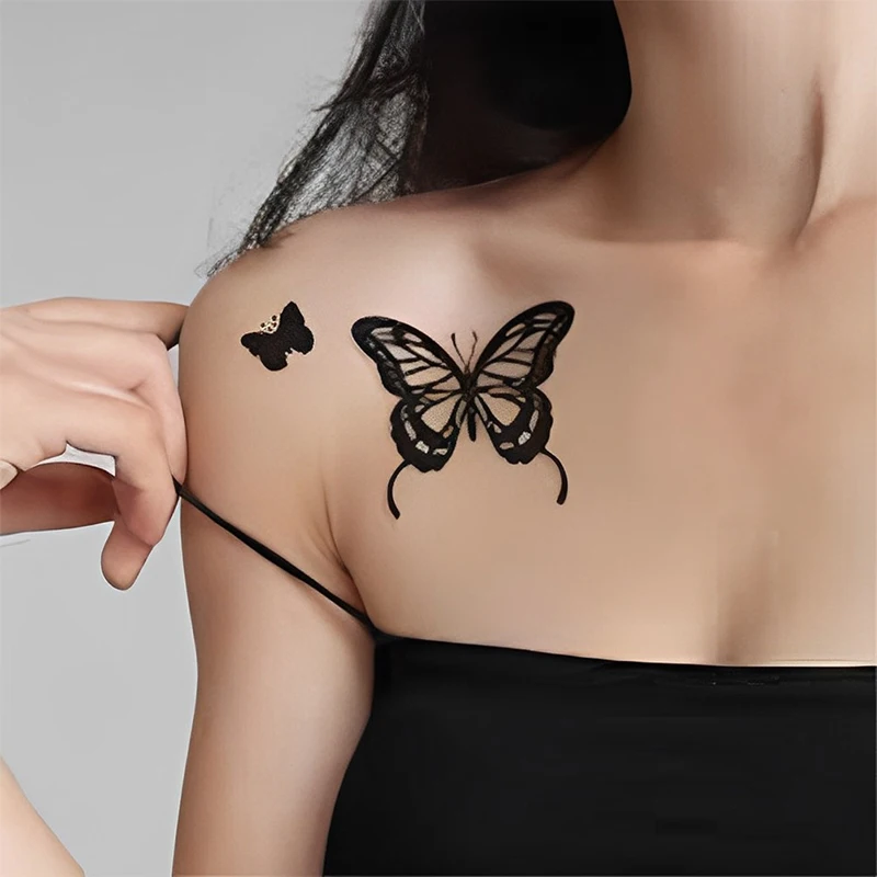 Pegatinas de tatuaje temporal a prueba de agua para hombres y mujeres, tatuaje Flash de transferencia Kawaii, mariposa, rosa, cuello, mano, arte corporal, tatuajes falsos