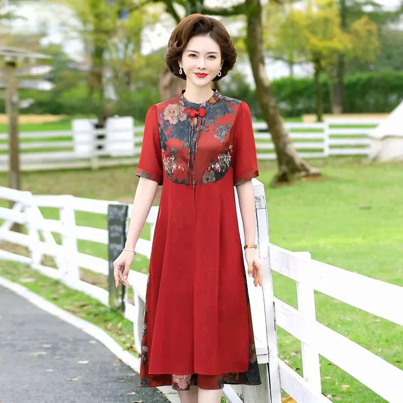 Cheongsam Improved Middle-Aged and Elderly Mothers Summer Mid-Length Skirt Wide Wife A-Line Skirt High-End Fashion Dress M350