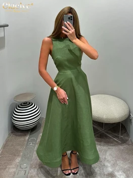 Clacive-vestido informal de algodón verde para mujer, vestidos hasta el tobillo sin mangas con cuello redondo, vestido femenino clásico elegante de cintura alta