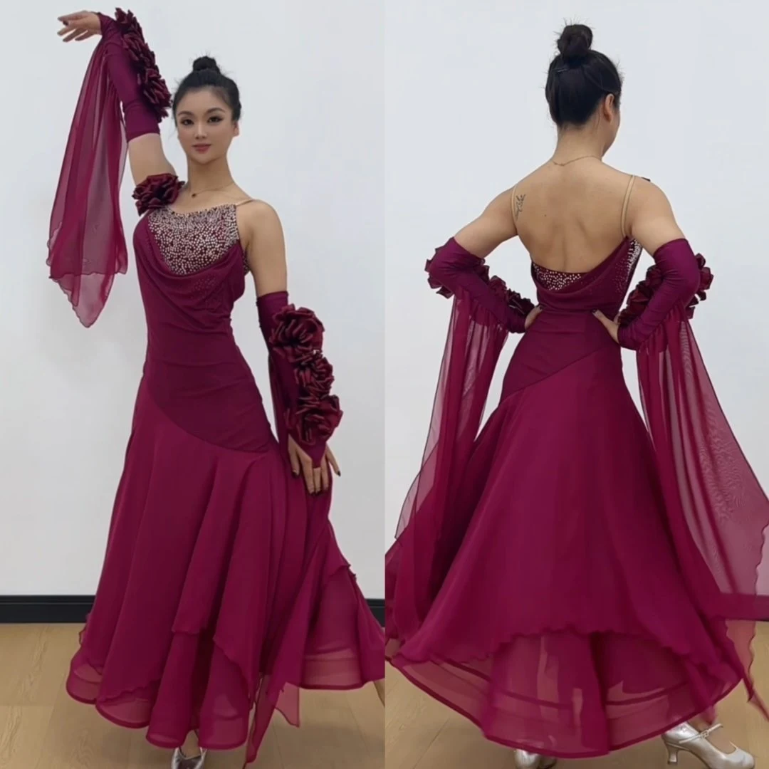 

Одежда для соревнований по бальным танцам, женское платье винно-красного цвета со стразами, платье с цветочными рукавами, костюм для танцев вальса, платье для выступлений BL18390