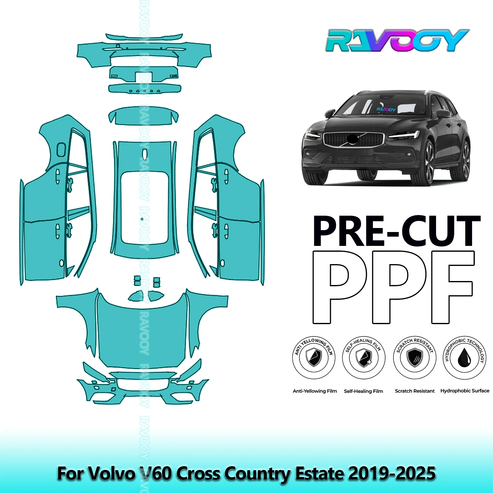 RAVOOY Custom-Fit Precut TPU PPF Full Vehicle Clear Bra Stone Guard EU UK For Volvo V60 Cross Country Estate 2019-2025