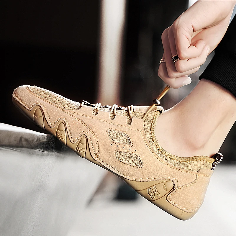 

Летняя мужская кожаная повседневная обувь для мужчин, удобные кроссовки на плоской подошве, легкая прогулочная обувь, мужская повседневная обувь с дышащей сеткой