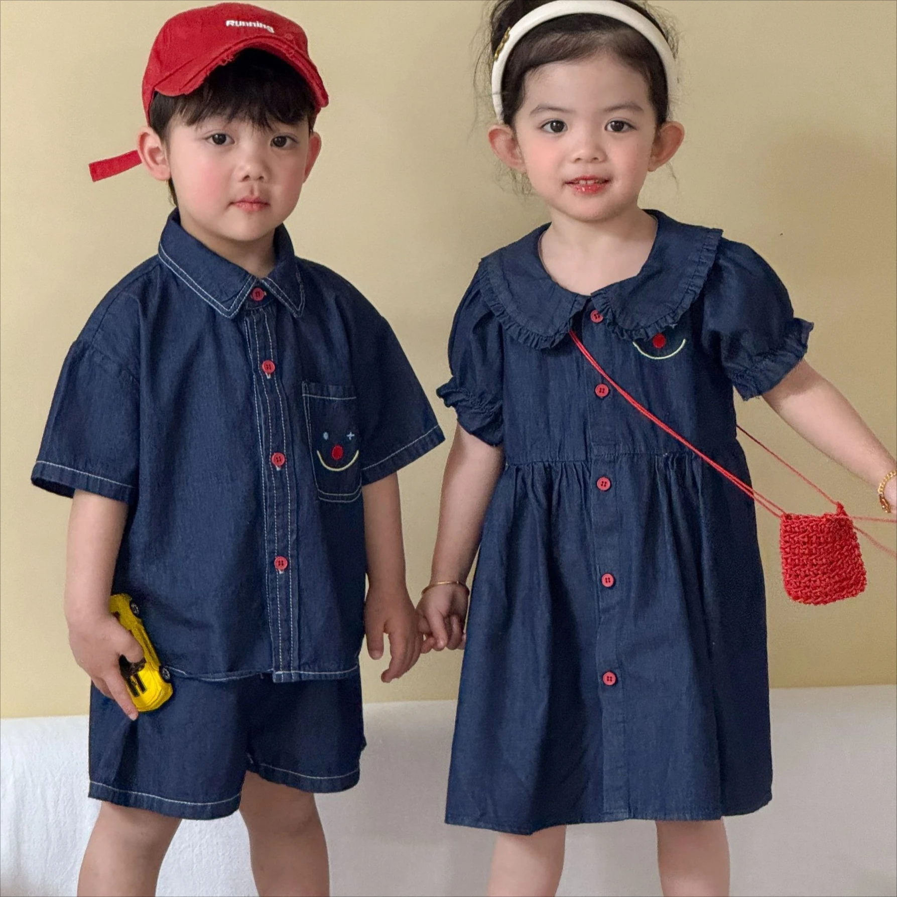 

Set 2026 Spring Summer New Children's Wear Korean Style Boys and Girls Denim Shirt Shorts Dress Brother and Sister Simple
