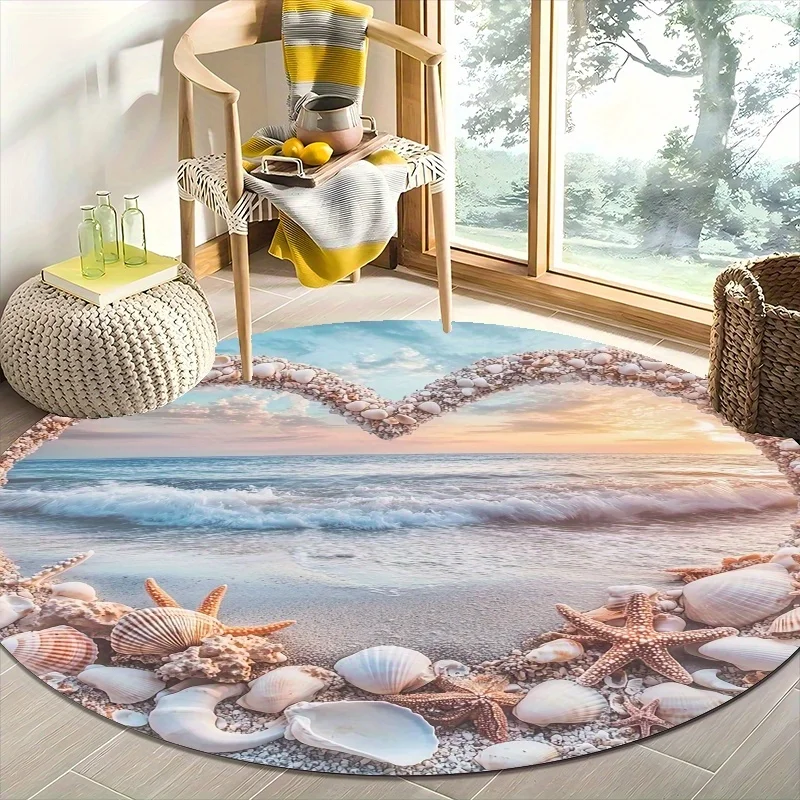 2D Flat 1pc Seashell Heart Sunset Ocean Round Floor Mat, Lightweight  Machine Washable, Home Decoration. Romantic Beach Vibe, Suitable for Living Room, Bedroom, Bathroom Decor, And a Perfect Gift for Beach Lovers Or Annive