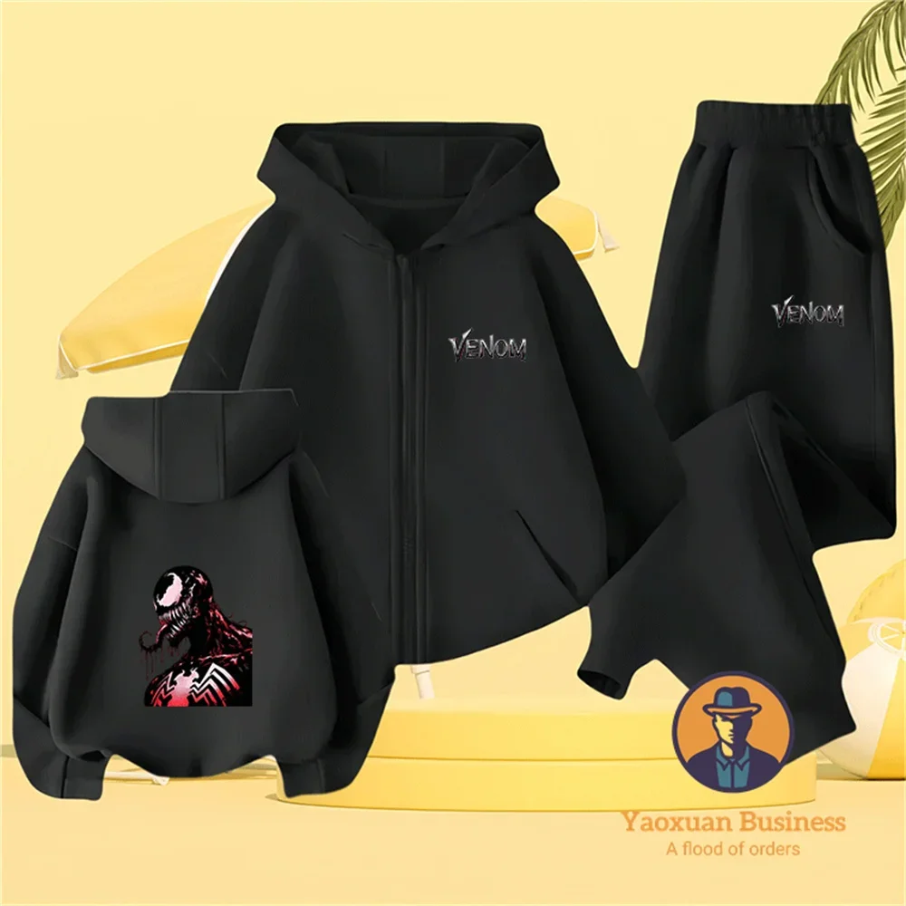Conjunto suave y cómodo para niños, Sudadera con capucha de Venom con estampado de dibujos animados y chándal de dos colores con pies pellizcas, primavera y otoño