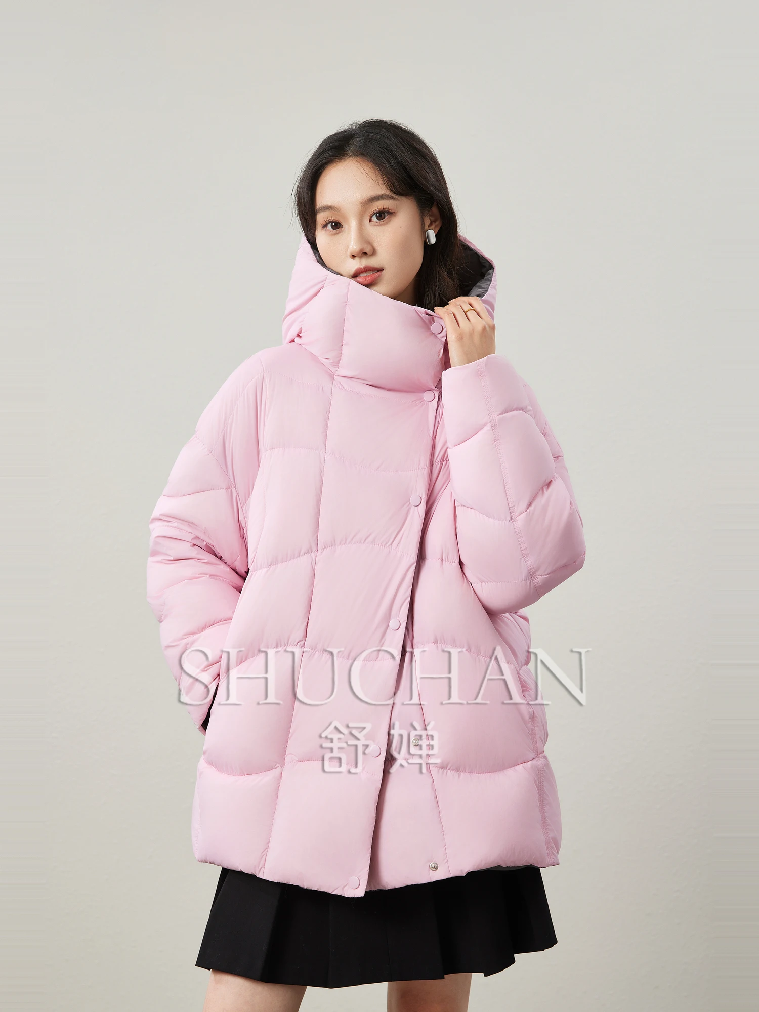 90 White Duck Down puff Fluffy Stand-up Collar Hooded Inner and Outer Contrasting Color Thickened Casacas Para Mujer Invierno