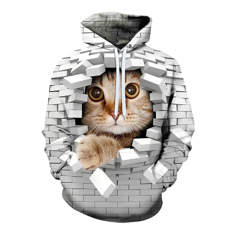 Kawaii Cat Wall Brick Graphic 3D Graphic Hoodie Men Y2k Tops Women Cute Animal Print Sweatshirt Kid Funny Casual Hooded Clothing