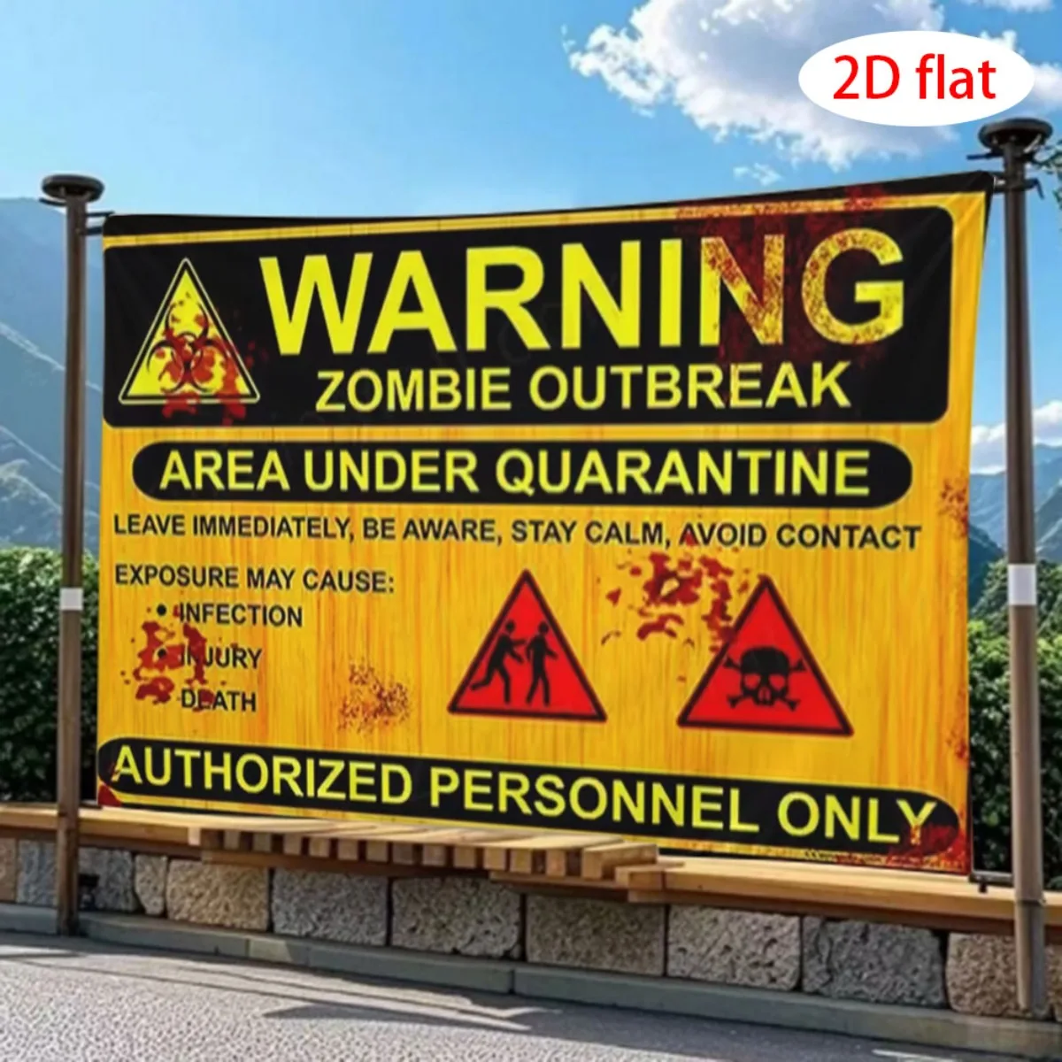 2D Flat Banner, 1 piece - Large-sized background banner for warning of the Zombie Isolation ZoneXY