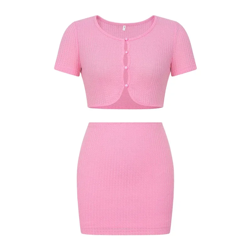 Casual Two Piece Set for Women 2024 Fashion Sexy Top Button Solid Color Pleated Wrapped Hip Half Skirt