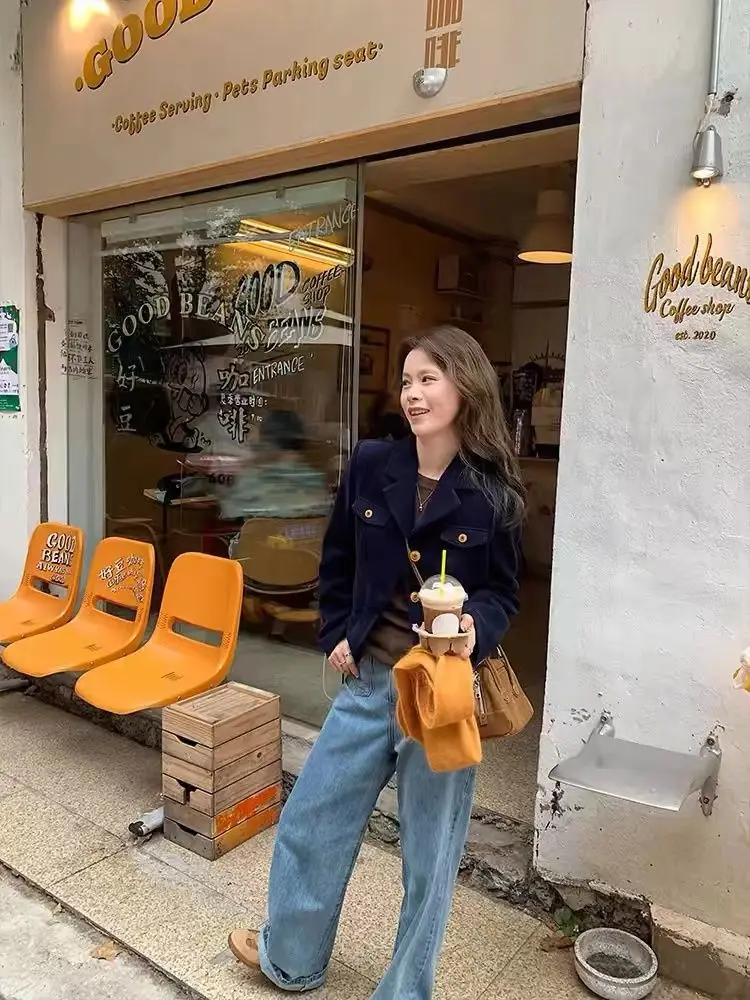 

Women's Retro Corduroy Suit 90s Aesthetic Commuting Style Young Girls Autumn Vintage Female Long Sleeve Small Suit Jacket