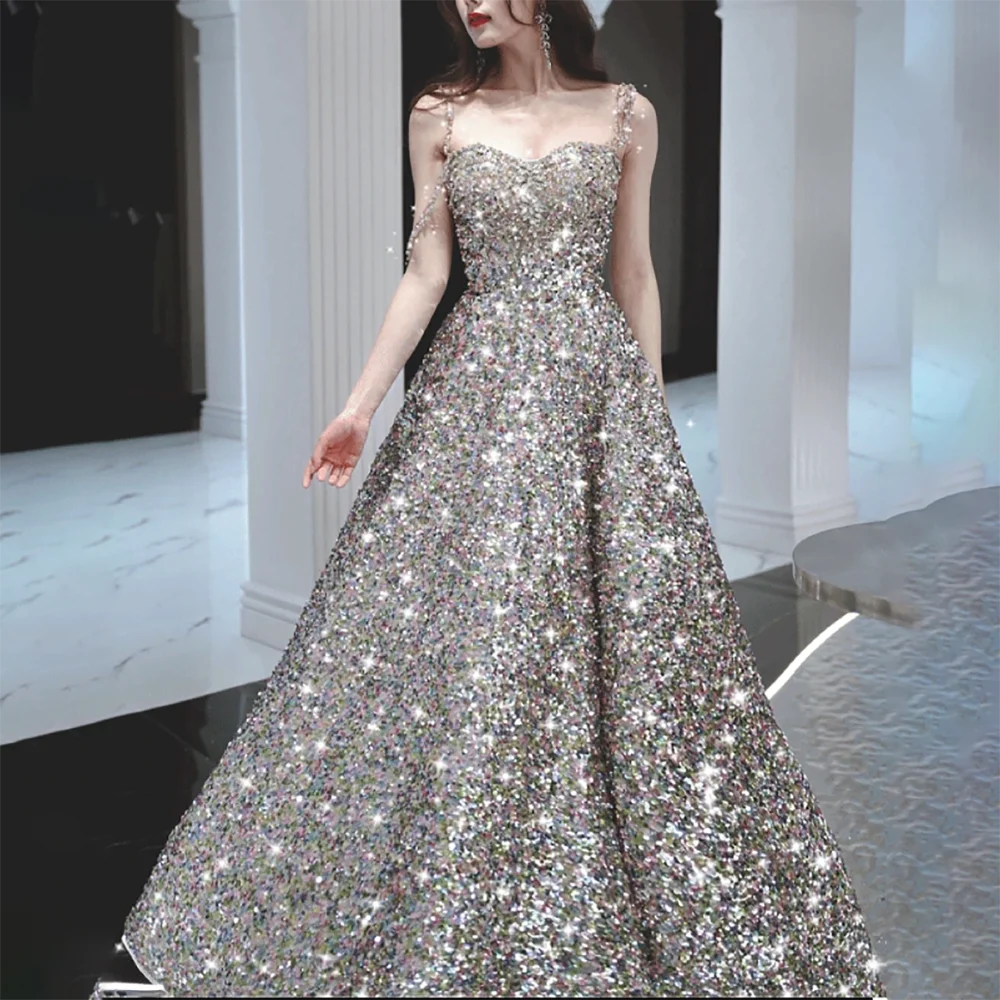 

Sexy A-line Spaghetti Silver Sequins Strap Sleeveless Floor Length Glitter Beading Lady Prom Party Gowns