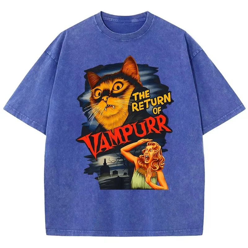 

Мужская футболка в стиле ретро The Return Of Vampurr Cat Washed, футболка большого размера, дышащая свободная футболка с короткими рукавами, одежда, хлопковые топы для пар