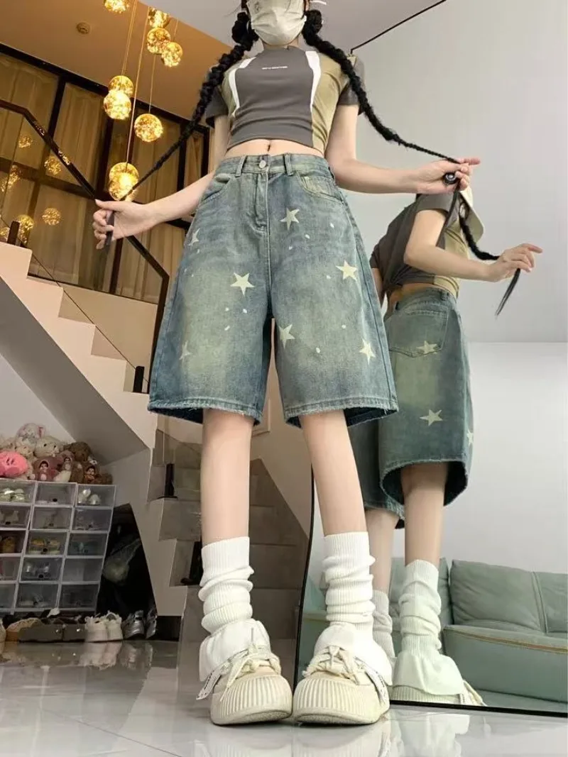 Summer Women's Denim Pants High Waist American Retro Wide Leg Shorts Jeans Knee Length Blue Denim Shorts Female Korean Fashion