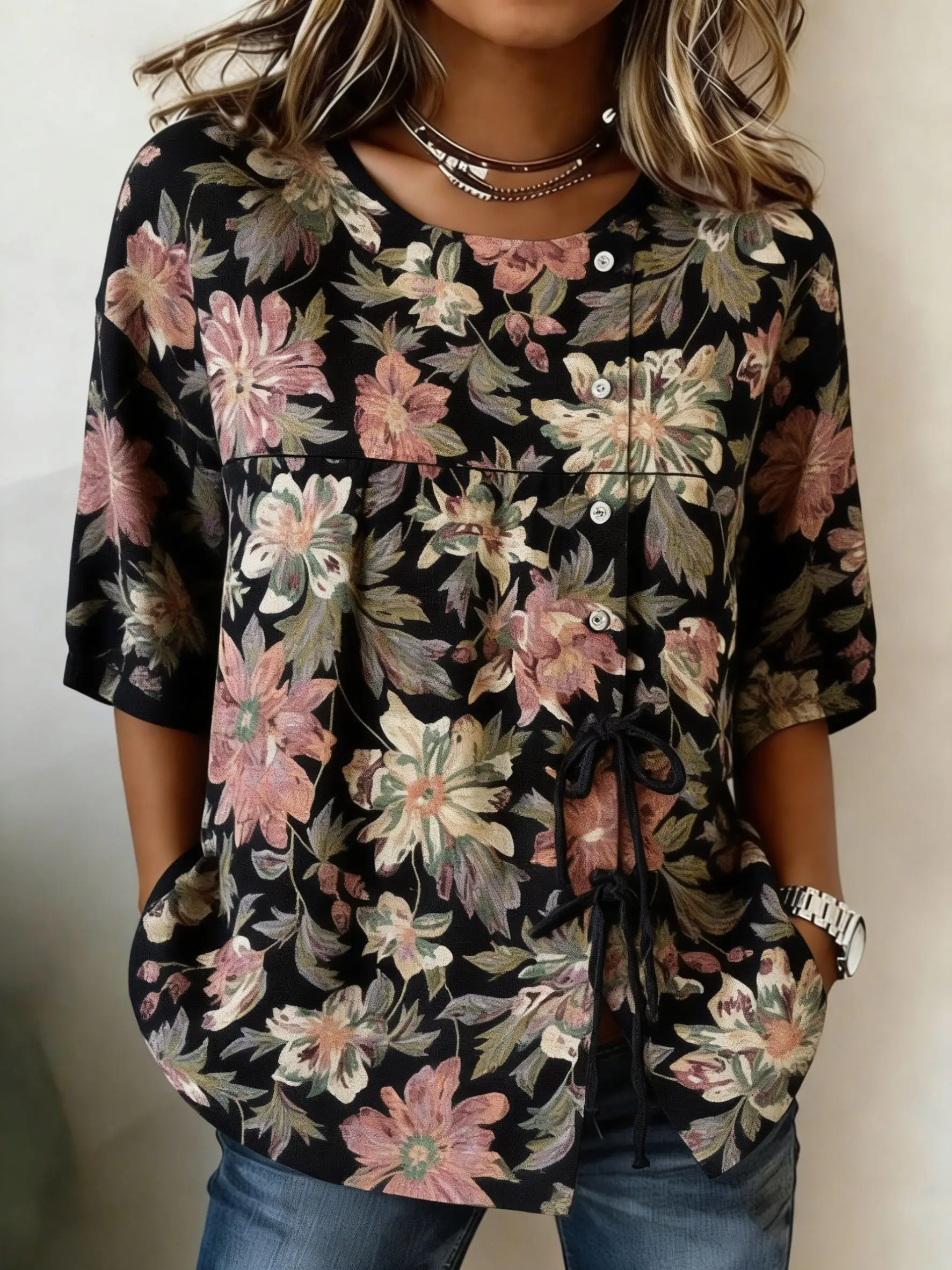 Women's Vintage Floral Print Casual Blouse, Button Tie Front Loose Top with Pockets for Spring Summer Daily Wear