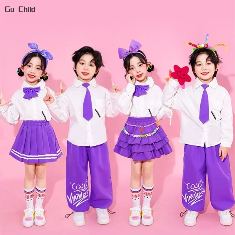 

Boys Hip Hop Shirt Joggers Girls Blouse Tiered Skirt Children Chorus School Uniforms Kids Streetwear Stage Costumes Clothes Sets