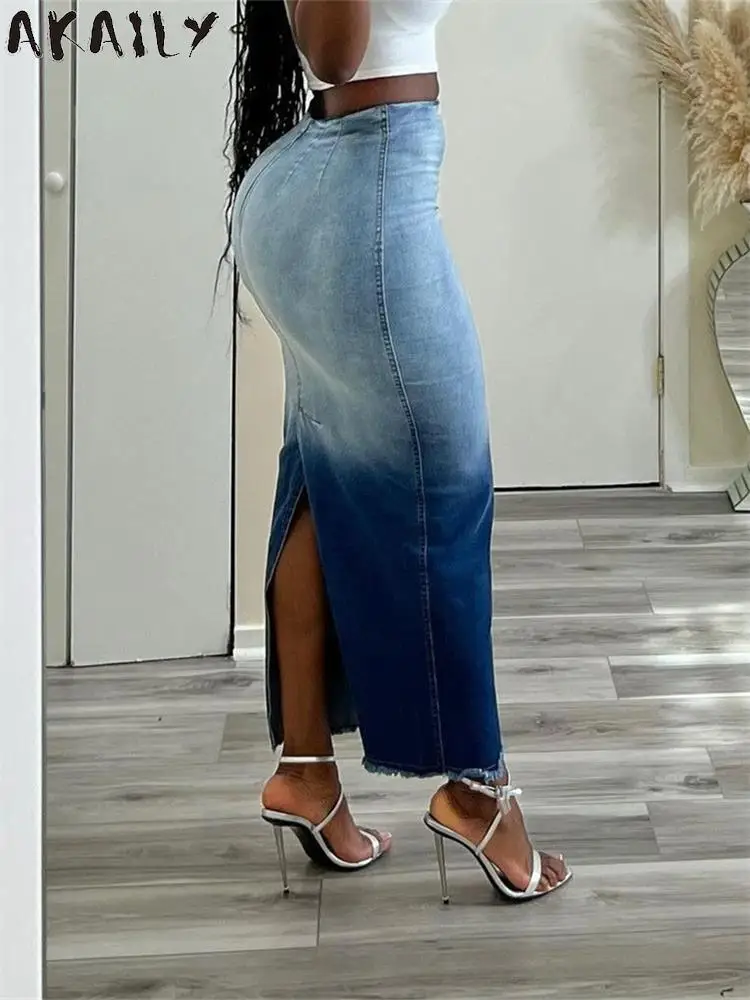

Akaily Blue Sexy Tie Dye Denim Skirt Party Club Outfits For Women 2023 Fall Gradient Split Maxi Skirt High Waist Jean Skirt