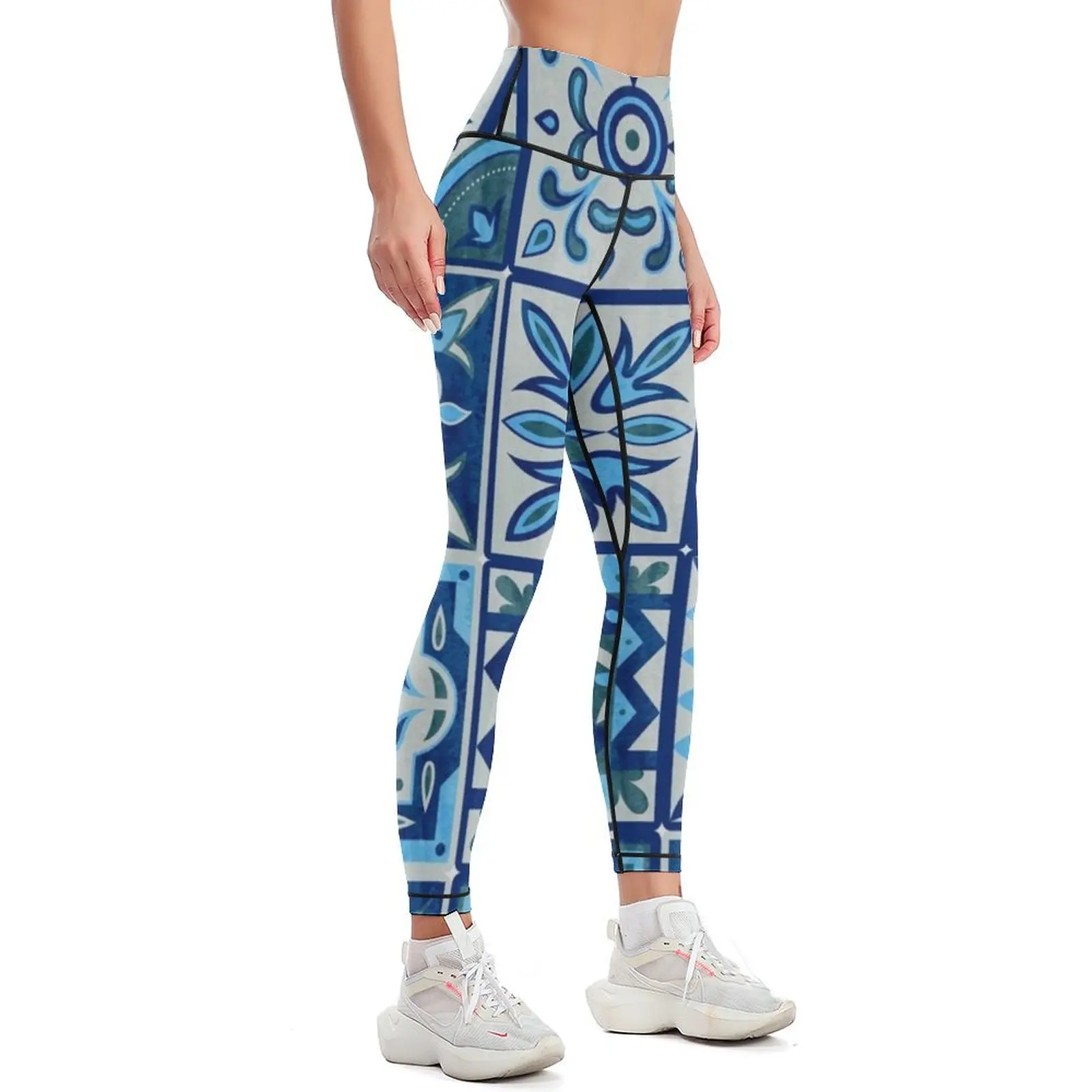 Portuguese Azulejos Blue Square Tiles Leggings Women's sports Women's gym Womens Leggings