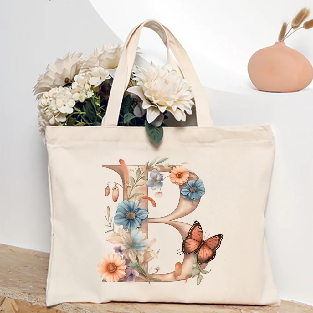 Borsa tote con stampa floreale AZ iniziale per donna Borsa a tracolla da viaggio riutilizzabile stampata in tela di grande capacità per lo shopping