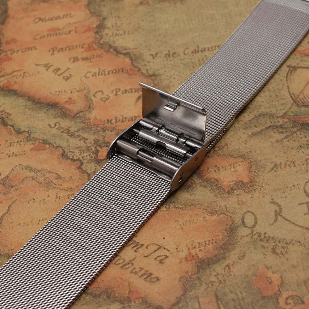 Pulseiras de relógio prateadas 10mm-24mm, ultrafinas, malha de aço inoxidável completa, pulseira de relógio de pulso para homens e mulheres, fecho de segurança, acessórios de relógio