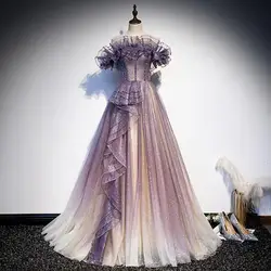 Purple Evening Dresses Off Shoulder Sequin Pleated Boat Neck Short Sleeve Backless Lace Up Celebrity Prom Gowns Robes De Soirée