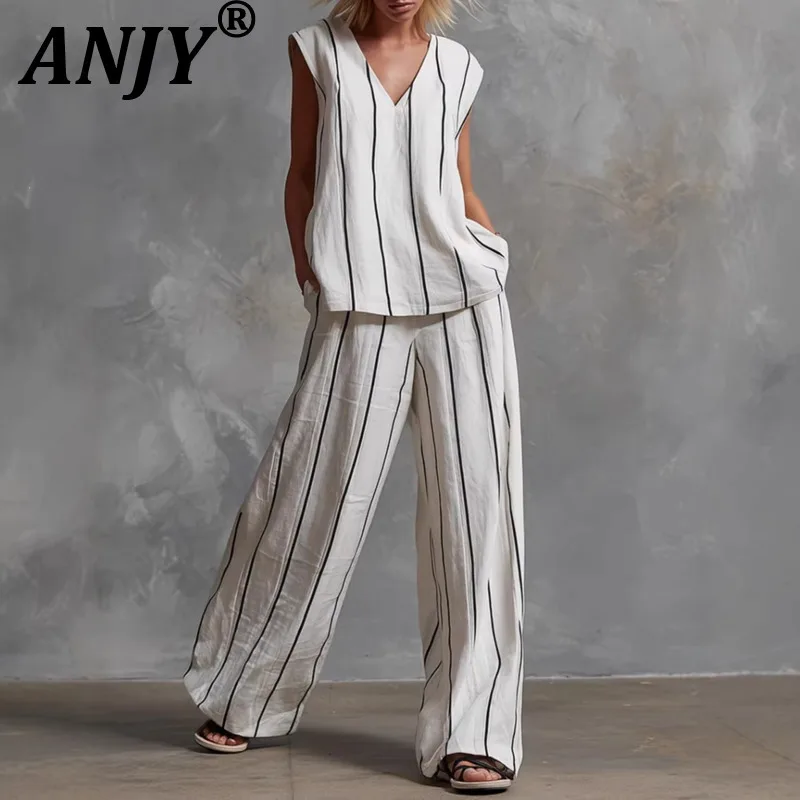 

ANJY Summer New Women French Style Vertical Striped Loose Slim Two-Piece Set Trend Ins V-Neck Vest Casual Wide-Leg Pants A21778