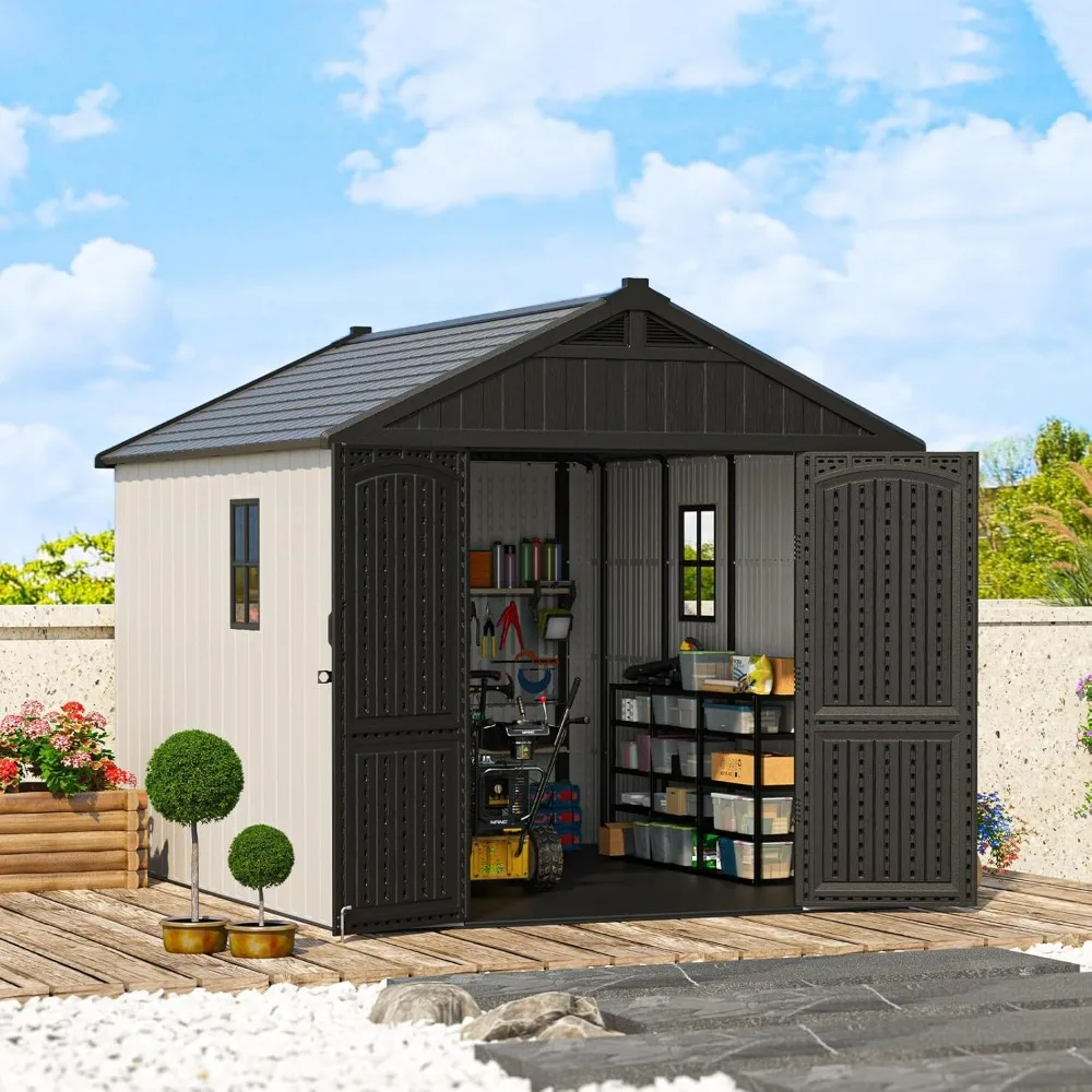 8 x 10 FT Resin Outdoor Storage Shed with Floor, Plastic Shed with Window and Lockable Door for Garden, Backyard, Tool Storage