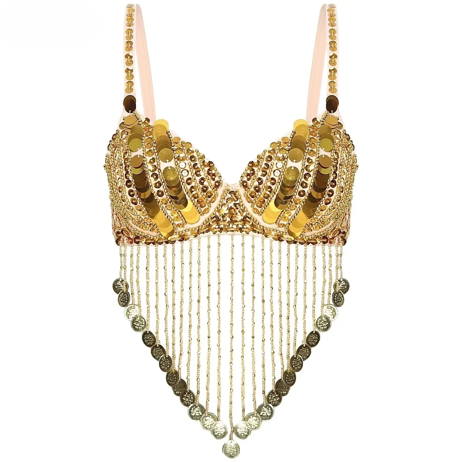 زي أداء الرقص الشرقي للسيدات، أشرطة قابلة للتعديل، ترتر لامع، شرابات بلاستيكية مطرزة، قطع علوية من خشب البطن #1