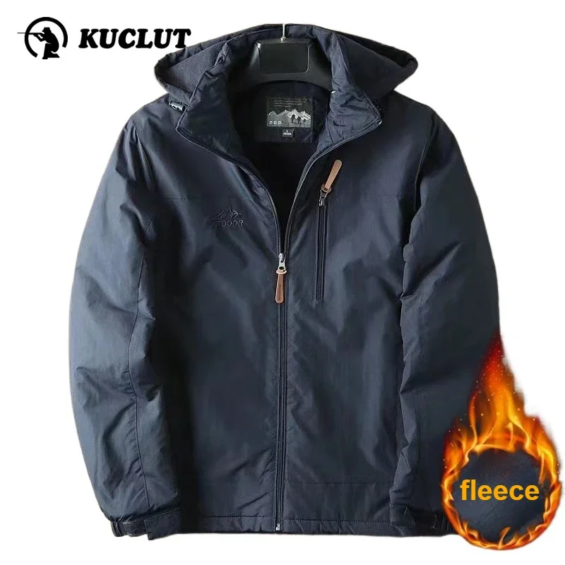 Autumn Winter Fleece Warm Casual Jacket Outdoors Mountaineering Hiking Hooded Coat Windproof Waterproof Solid Color Windbreaker