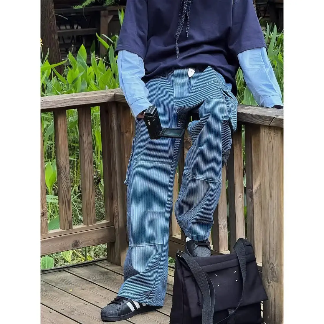 Men's Multi Pocket Blue Vertical Stripes Casual Pants Wide Legs Street Sweatpants Boy Spring Bottom Male High Waist Trousers