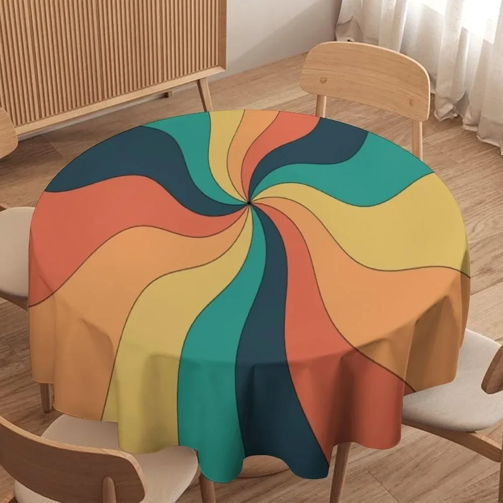 Retro Groovy Swirl Round Tablecloth Abstract 70s Boho Rainbow Mid Century Hippie Colorful Rotating Spiral Stripes Cover