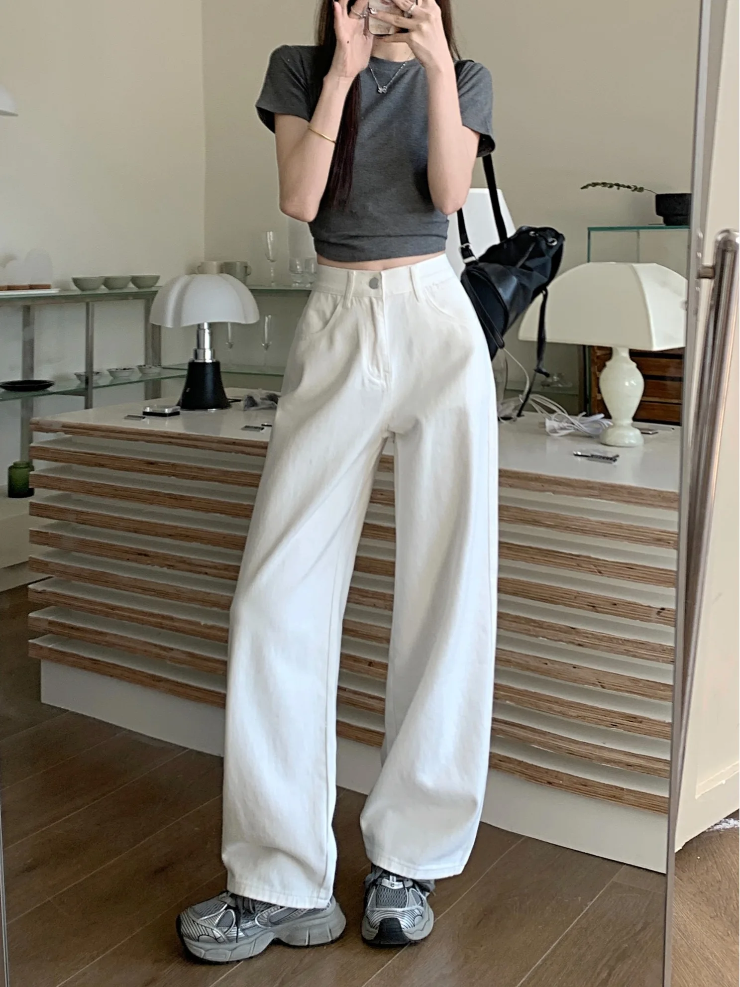 

Джинсы свободного кроя с высокой талией длиной до пола, прямые джинсы, женские летние новые утягивающие белые джинсовые брюки маленького роста