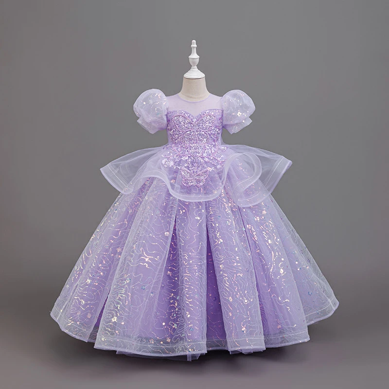 New High-End Luxury Flower Girl Wedding Show Performance Dress for Girls, Puff Sleeve Sequin Princess Dress