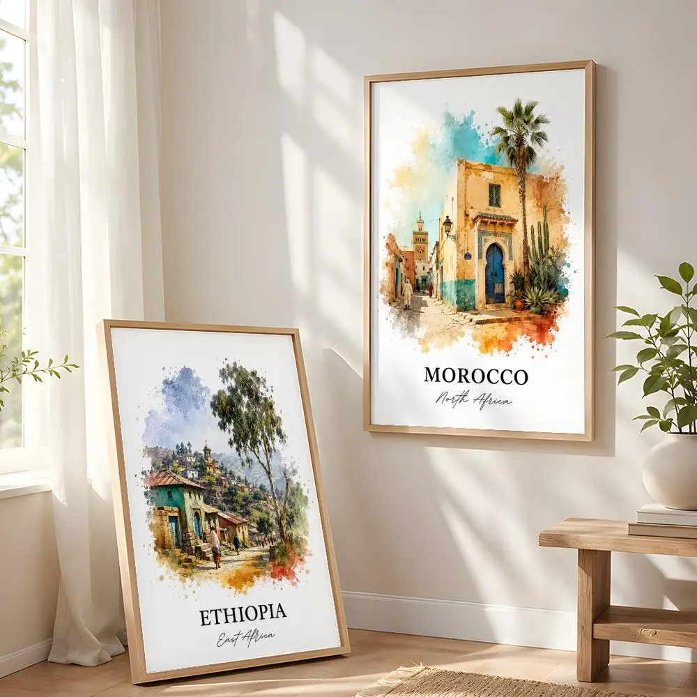 African Village Watercolor Calligraphy Canvas Painting Art for Bedroom Living Room Home Decor Wall Decoration Decals Gift