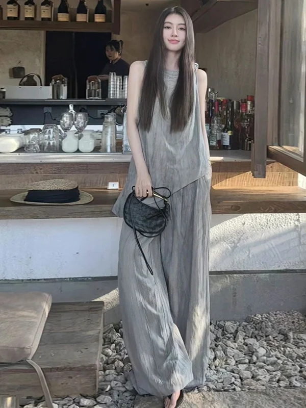 

Summer New Loose Feelings Asymmetrical Sleeveless Top Wide Leg Pants Two Piece Set Fashionable Casual Women's Outfit