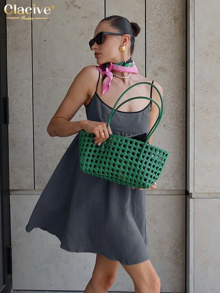 

Clacive Fashion Loose Gray Cotton Women Dress 2026 Summer Strap Sleeveless Mini Dresses Lady Elegant Classic Solid Female Dress