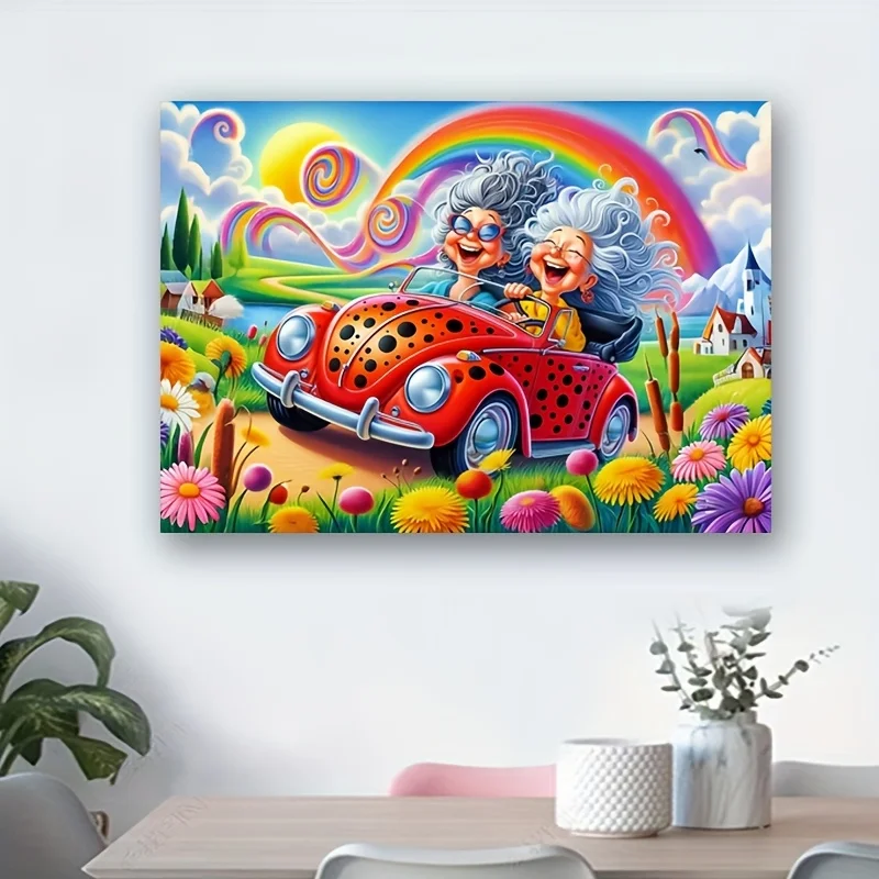 จิ๊กซอว์ 1000 ชิ้น ฉากพี่น้องน้องสาวขับรถ - รถสีแดงสดใสพร้อมผู้สูงอายุและดอกไม้หลากสีสัน แบบไม่มีกรอบ สำหรับคนรักงาน DIY