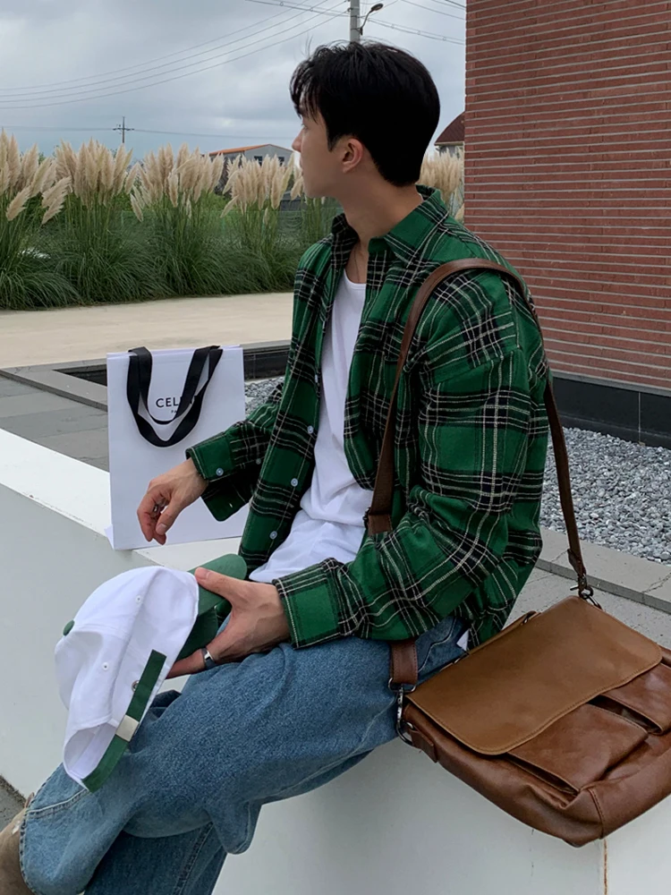

SYUHGFA Male Shirt Korean Style Turn-down Collar Plaid Contrast Color Men's Shirts Vintage 2024 Spring New Chic