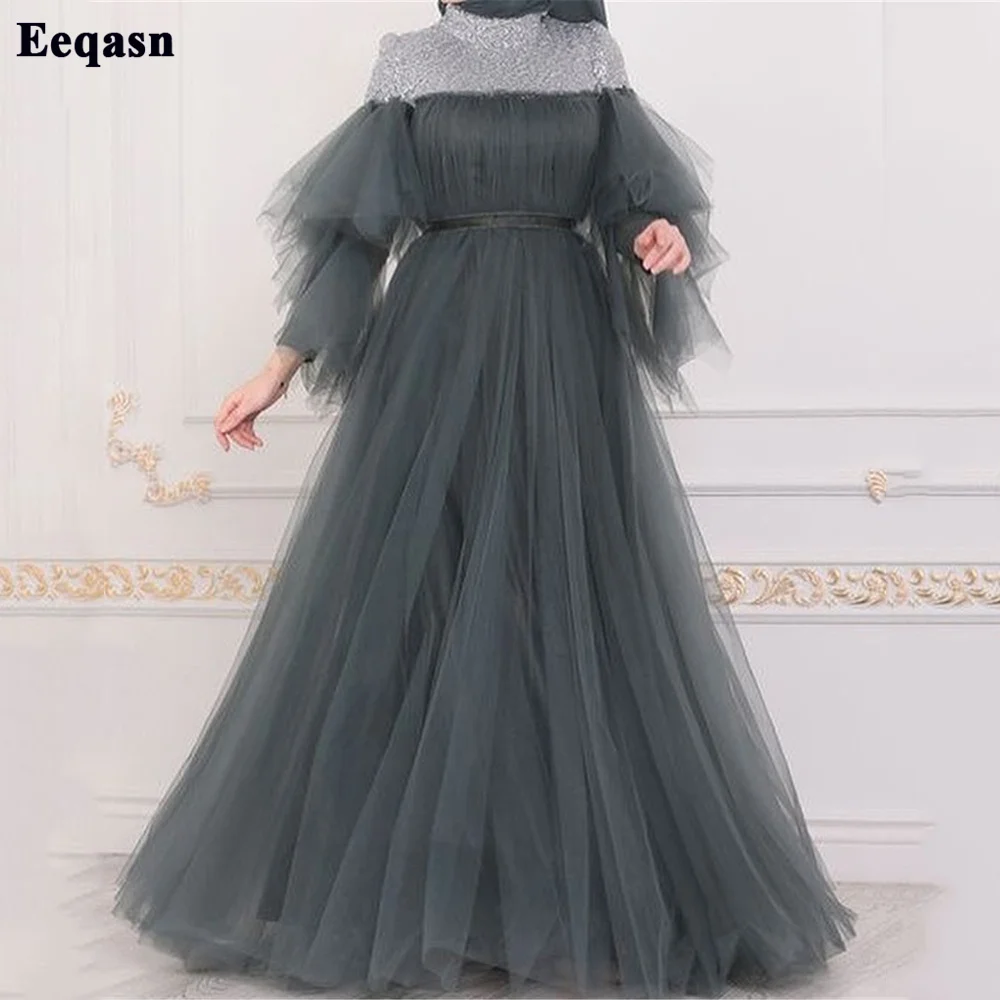 

Eeqasn Dark Gray Muslim Formal Prom Dresses Silver High Neck Tiered Long Sleeves Saudi Arabia Women Party Gowns Evening Dress