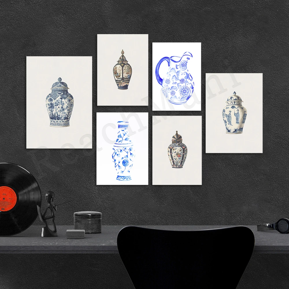 

French antique chinoiserie vase art poster, chinoiserie watercolor blue and white porcelain vase, ginger jar print, asian art