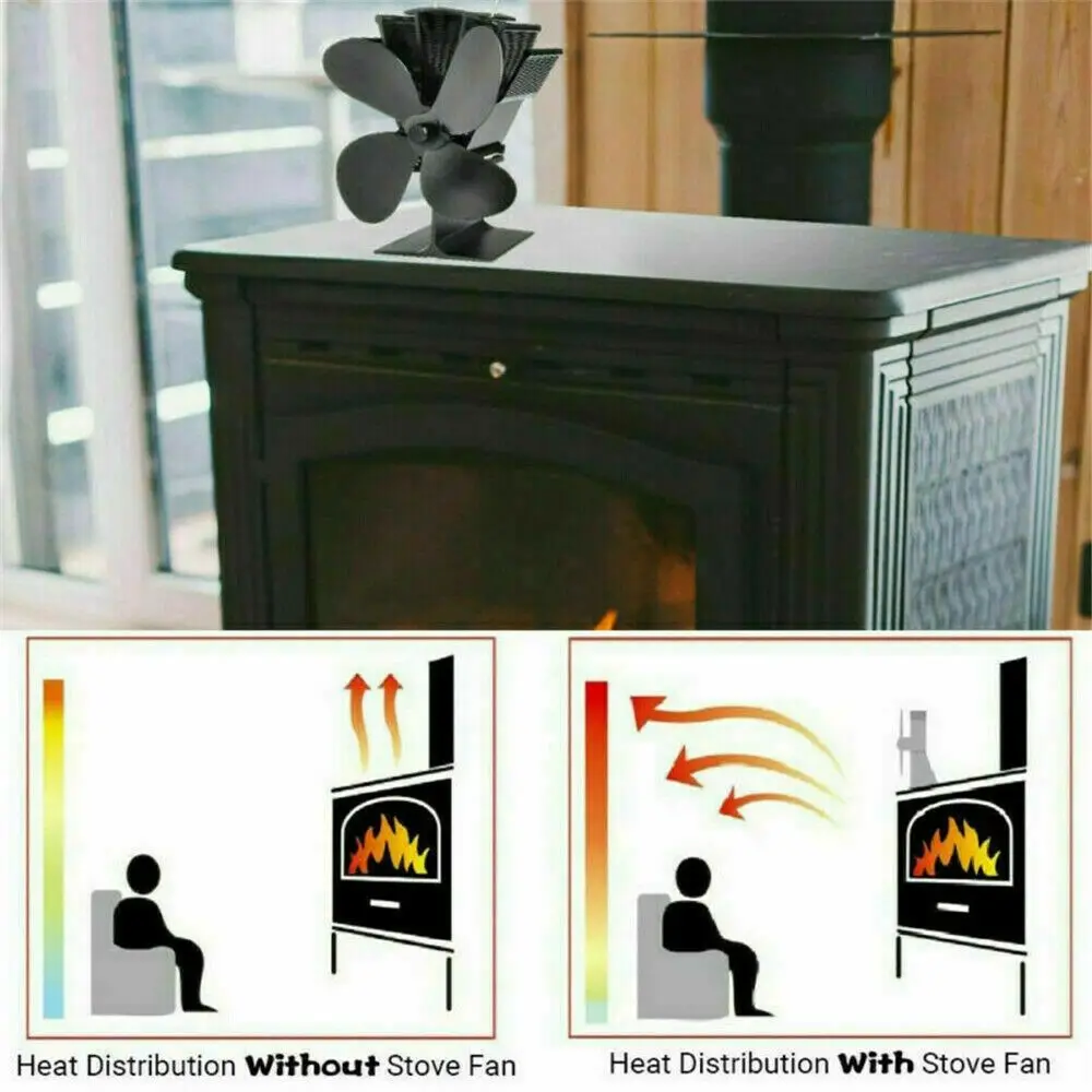 4 Blades Wood Stove Fan Heat Power Stove Top Fan Black Fireplace Fan Wood Fireplace Fan Pellet Stove Fan Fireplace Accessories