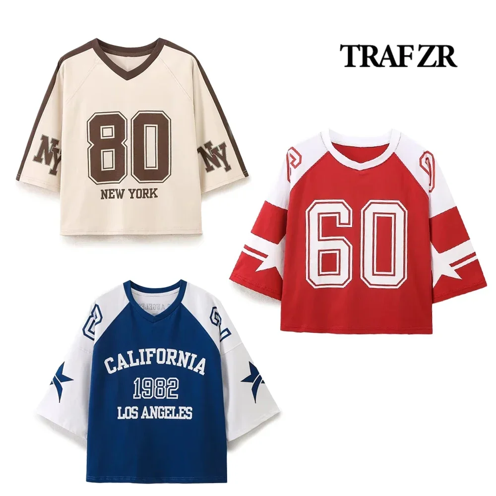 TRAF ZR Casual Women's T-shirts Short Sleeve Tops Woman 2024 Classic Loose COTTON Tees High Street Kpop Preppy Style T Shir