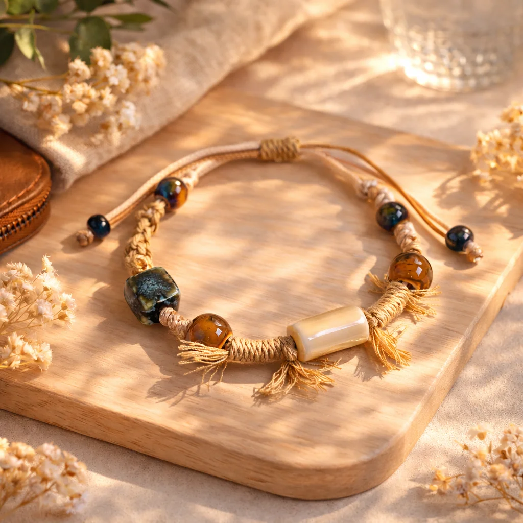 Vintage Tube Ceramic Bracelet Handmade Adjustable Wax Cord Dainty Jewelry Natural Style for Girls Daily Wear Gift S03-278