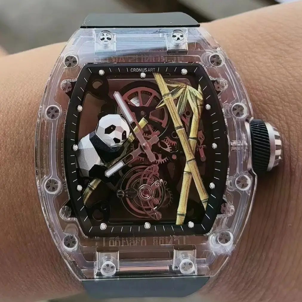 CRONUSART Men Tourbillon Watch 50mm Tonneau Mechanical Wristwatch Sapphire Case MIrror Luminous Skeleton Panda Dial FKM Strap